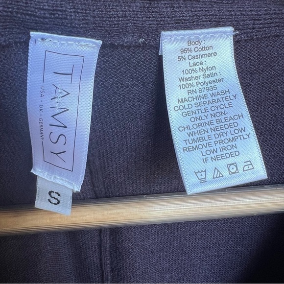 Tamsy Women’s Cashmere Cotton Navy Blue Lace Hem Tunic Cardigan Sweater, Small - Picture 6 of 8